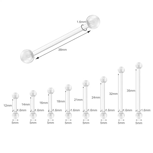 14G Clear Bioflex Flexible Acrylic Straight Bar Piercing | Tongue Rings Barbells Nipple Ring Retainer, For Work, Pregnancy, MRI, Surgery, 12MM-38MM - color: 21-38mm*2 PCS