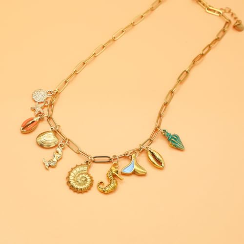 JNF Cute Shell Conch Boho Charm Necklace for Women Sun Moon Star Coin Heart Flower Boot Bow Charms Necklaces Summer Beach Jewelry - color: beach shell Charm necklace