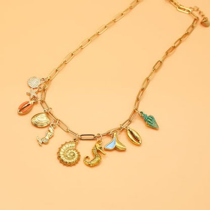 JNF Cute Shell Conch Boho Charm Necklace for Women Sun Moon Star Coin Heart Flower Boot Bow Charms Necklaces Summer Beach Jewelry - color: beach shell Charm necklace