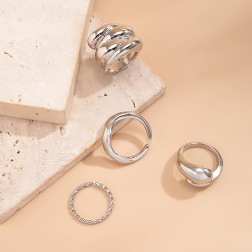 Roe Dolph Chunky Gold Rings for Women Stackable Statement Ring Set | Mixed sculptural shapes and polished surfaces create bold stacking combinations for parties dinners and everyday outfits - color: A7