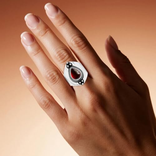 Natural Waterdrop Stone Wide Band Ring,Sterling Silver Genuine Teardrop Crystal Quartz Gemstone Statement Wide Chunky Full Finger Band Ring for Women - color: A01_Garnet