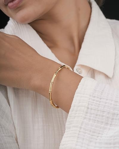 Gold Bamboo Bangle Bracelet for Women – 18K Gold Plated Stainless Steel Slip-On Oval Bangle – Hypoallergenic Waterproof Tarnish Resistant – Minimalist Stackable Jewelry – Gift for Her