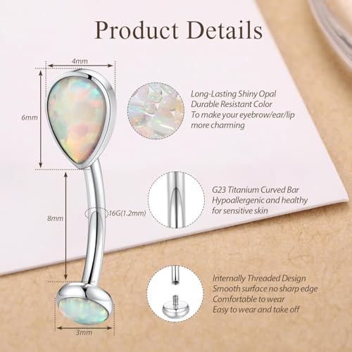 GAGABODY G23 Titanium Eyebrow Rings 16G Curved Barbell Lip Ring Rook Earrings for Women Belly Ring Vertical Labret Jewelry Tragus Helix Daith Earring Belly Piercing - color: 1Pc-Waterdrop Shape Silver+White Opal