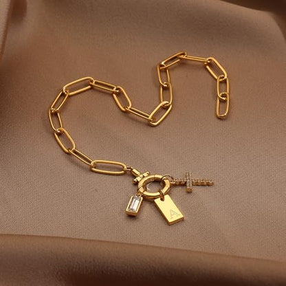 Initial Cross Charm Bracelet, 18K Gold Plated Dainty Paperclip Link Chain Bracelets for Women, Non Tarnish, A-Z Letter Bracelet Personalized Gifts Gold Jewelry for Women - color: Letter-T