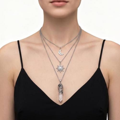 Gothic Emo Grunge Crescent Moon Layered Choker for Women | Boho Moon Sun Star Crystal Pendant Necklace, Punk Witchy Halloween Christmas Jewelry Accessories Gifts - color: White