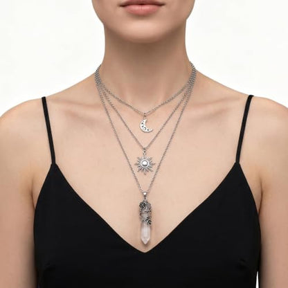 Gothic Emo Grunge Crescent Moon Layered Choker for Women | Boho Moon Sun Star Crystal Pendant Necklace, Punk Witchy Halloween Christmas Jewelry Accessories Gifts - color: White