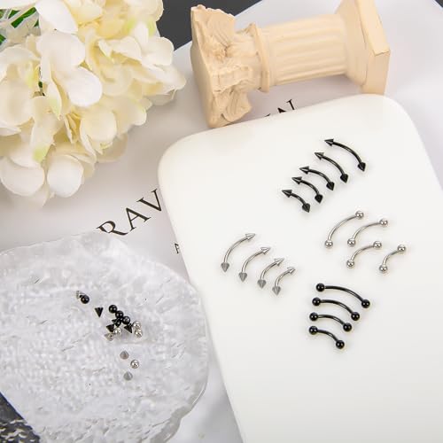 Yolev 16pcs Eyebrow Piercing Jewelry Vertical Labret Lip Piercing Jewelry Eyebrow Rings Piercing Kit Jewelry Surgical Steel Curved Barbell Tiny Vertical Labret Lip Jewelry Ear Rook Helix Conch Daith