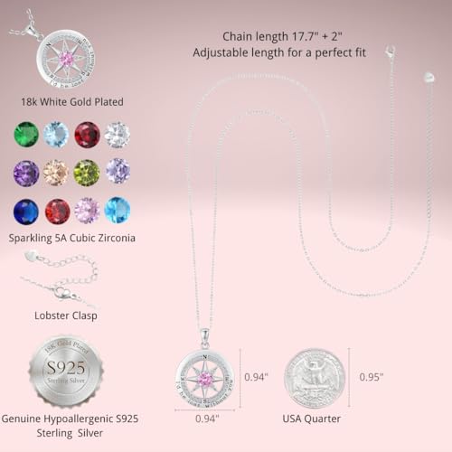 Compass Necklace for Women Wife Girlfriend Mom Daughter Gifts | S925 Silver Jewelry For Anniversary 18K Rose Gold Gifts For Birthday Christmas Mothers Valentines Day 12 Birthstones - style: 10-October-Silver