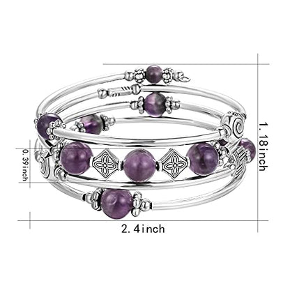 Beaded Pearl Bangle Wrap Bracelet - Fashion Bohemian Jewelry Multilayer Charm Bracelet with Thick Silver Metal Beads, Gift For Women - color: Purple