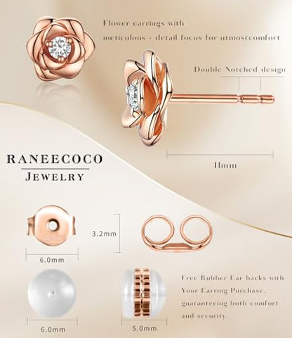 Gold Plated Sterling Silver Rose Flower Earring Studs, Hypoallergenic & Nickel Free Earrings for Women - color: Rose Gold Plated Silver, size: 9.0 Millimeters