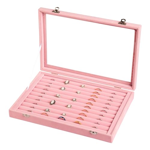 Frebeauty 10 Slots Ring Organizer Tray,Velvet Ring Box with Clear Lid | Velvet Lining,Fits Various Rings and Stud,Glass Lid,Dustproof Design,for Personal Use and Jewelry Display,for Women Girls - color: Pink, size: 10 Slots