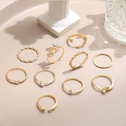 HUASAI Gold Stackable Rings Set for Women Boho Dainty Moon Star Pearl Leaf Cubic Zirconia Heart Midi Pinky Trendy Jewelry Birthday Gifts - color: R Gold Moon Star Rings 10 Pcs