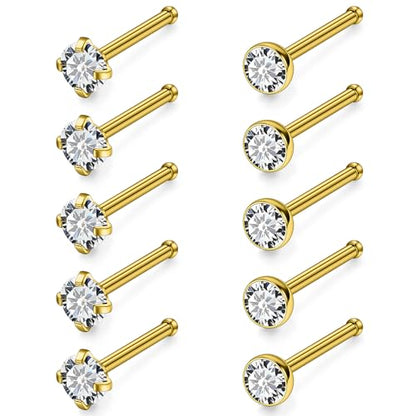 18G 20G 22G Stainless Surgical Steel Titanium Nose Rings Studs for Women L Shaped Nose Studs Screw Nose Rings Nostrial Piercing Jewelry for Women Men Silver Gold Black - style: 18G/2.5mm CZ/Straight/Gold