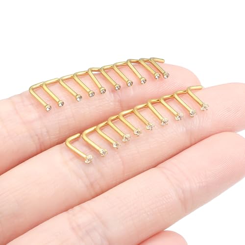 20Pcs Nose Rings Studs Surgical Steel L-Shape Nose Rings for Women 1.5mm 2mm Cubic Zirconia Nose Screw Studs Hypoallergenic Nose Piercings Jewelry 24g 22g 20g 18g - color: L-shape,goldtone, size: 18g,1.5mm CZ