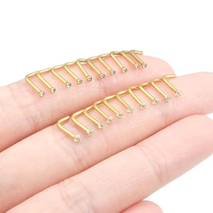 20Pcs Nose Rings Studs Surgical Steel L-Shape Nose Rings for Women 1.5mm 2mm Cubic Zirconia Nose Screw Studs Hypoallergenic Nose Piercings Jewelry 24g 22g 20g 18g - color: L-shape,goldtone, size: 18g,1.5mm CZ