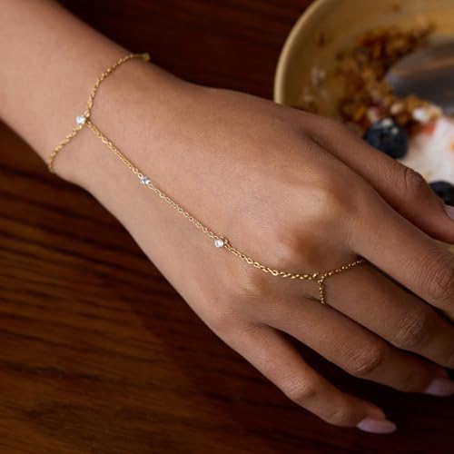 Hand Chain Bracelet Stainless Steel Gold Handchain Bracelets | Non Tarnish Handchain Bracelet for Women Summer Essentials Gold Link Bracelet Beach Waterproof Jewelry - color: Gold 5 Cubic Zirconia
