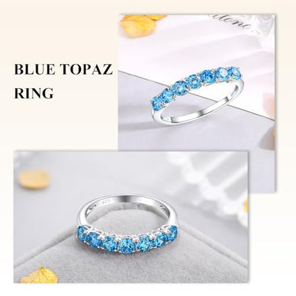 Birthstone Wedding Band Eternity Rings 925 Sterling Silver Rings Stackable Anniversary Engagement Rings Cubic Zirconia Inlaid Created Garnet/Amethyst/Sapphire Ring 7 Stone Ring, Size 6 to 10 - color: Blue Topaz