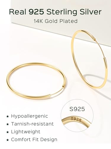 ChicSilver 925 Sterling Silver Hoop Earrings for Women Hypoallergenic, Lightweight Large Gold Plated Silver Hoop Earrings, Endless Hoops Earring 20/30/40/50/60/70MM - color: A. High Polished Gold, size: 50mm