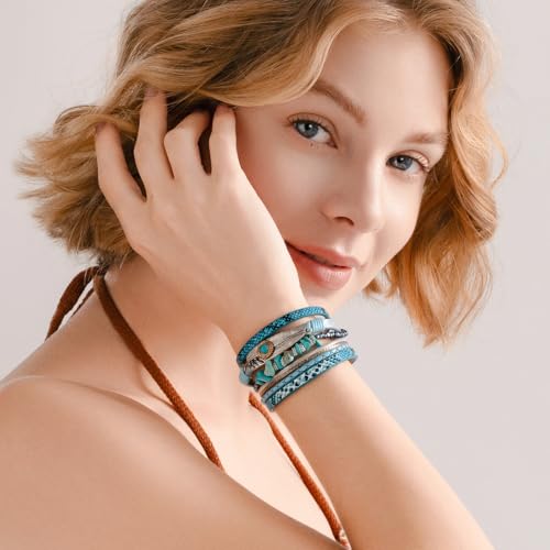 Western Turquoise Leather Cuff Bracelets Boho Feather Cowgirl Jewelry | Stackable Country Hippie Wrap Bangle Set Magnetic Clasp Chunky Beaded Stone Bohemian Statement Outfits for Women Trendy - color: Blue