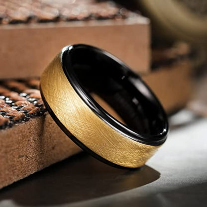 King Will Classic Tungsten Carbide Ring Brushed Two Grooved Center Hammered Design Mens Wedding Band for Men | Black/Silver/Gold, 8mm, Men's Wedding Band, Grooved, Comfort Fit, Everyday Wear - color: C-Gold&Black 8mm