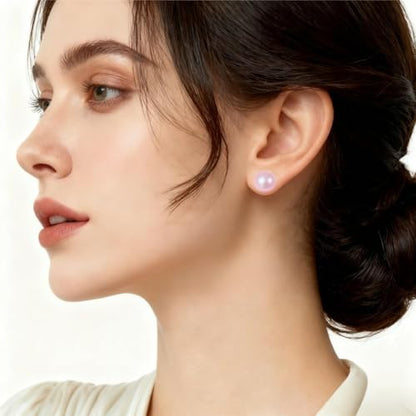 Light Pink Faux Pearl Stud Earrings, S925 Silver Posts Hypoallergenic for Women - size: 12mm