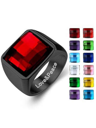 KeyStyle Square Gemstone Signet Rings for Men, Personalized Stainless Steel Pinky Ring with Black Onxy Blue Topaz Birthstone Statement Ring - color: Black - Custom Stone - 15mm