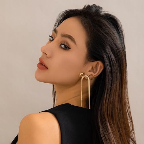 Luxval Rhinestone Earrings Dangling for Women Sparkly Silver Dangle Earrings Girls Long Chandelier Earrings Tassel Lightweight Ear Studs Cubic Zirconia Crystal Statement - color: Gold-Rope Bow