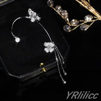 2Pcs Butterfly Ear Cuffs Rhinestone Clip On Earrings | Rhinestone butterfly ear cuffs with non piercing clip on design; silver ear wrap climber jewelry for parties and weddings - style: Style D Silver