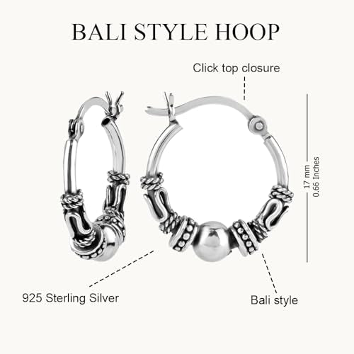 LeCalla 925 Sterling Silver Oxidized Balinese Hoops Earring Jewelry Small Antique Bali Beaded Hoop Earrings for Women - color: Bali Spiral Bead