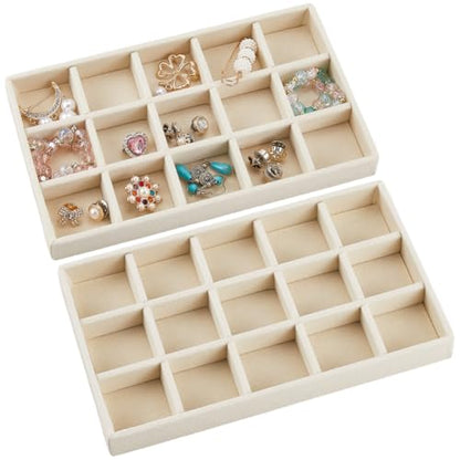 2Pcs 5 x 8.3 Inch Stackable Jewelry Trays Earring Holder Organizer Antique White 15 Grids Velvet Dresser Jewelry Drawer with Removable Divider for Bracelet Ring Watch Trinket Display Showcase - style: White 15 Grids