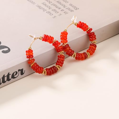 Wellike Beaded Hoop Earrings for Women Natural Stone Pink Gold Huggie Earrings Hypoallergenic Dainty Waterproof Trendy Jewelry - color: Red, size: 35mm