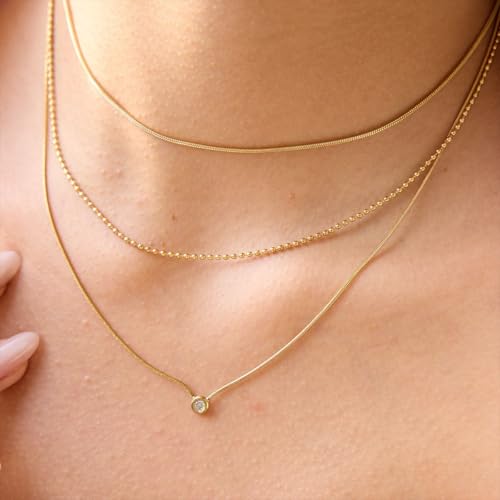 Women Stainless Steel Triple Strand Chain Necklace w Crystal Charm | Multi-Layered Dainty Style Three Layer Bead and Snake Chain Waterproof Non-Tarnish Trendy Jewelry Gifts - color: Silver