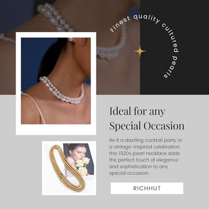 Women's Long Pearl Necklace - Natural Cultured Pearls - Luxurious 8mm Strand Pearls - 1920s Timeless Elegance - Great for Wives, Girlfriends, Sisters, and Besties - Length 60In/71In - color: 18K Golden Bubbly, size: 60In