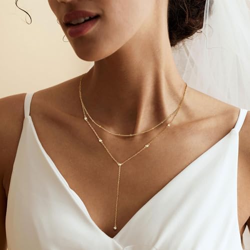 Gold Necklace for Women, Dainty Long Necklace 14k Gold Plated Lariat Long Necklaces for Women Trendy Simple Statement Drop Necklace Fashion Body Chain Prom Jewelry Gold Accessories - color: 8-Gold
