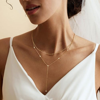 Gold Necklace for Women, Dainty Long Necklace 14k Gold Plated Lariat Long Necklaces for Women Trendy Simple Statement Drop Necklace Fashion Body Chain Prom Jewelry Gold Accessories - color: 8-Gold