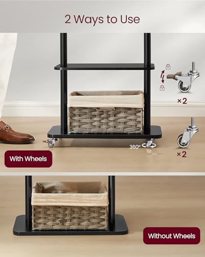 VASAGLE Freestanding Coat Rack Stand with 7 Hooks, 2 Shelves, 4 Removable 360° Swivel Wheels, Wooden Hooks and Pole, for Entryway, Bedroom, Living Room, Ink Black URCR053BH01 - color: Ink Black, style: Minimalist