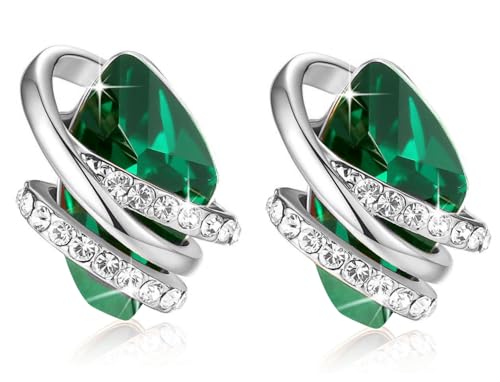 Gifts for Women, Wish Stone Stud Earrings with Birthstone Crystals, 18K Rose Gold Plated or Silver-tone - color: 205-May-Emerald Green-Silvertone