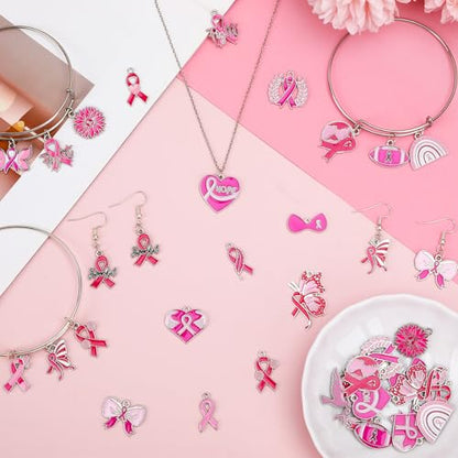 MARFOREVER 40 Pcs/20 Pairs Breast Cancer Awareness Charms | Pink Ribbon Charms forJewelry Making, Hope Ribbon Pendants, DIY Bracelet Necklace Earrings Making, Breast Cance Accessories - style: Breast Cancer Awareness