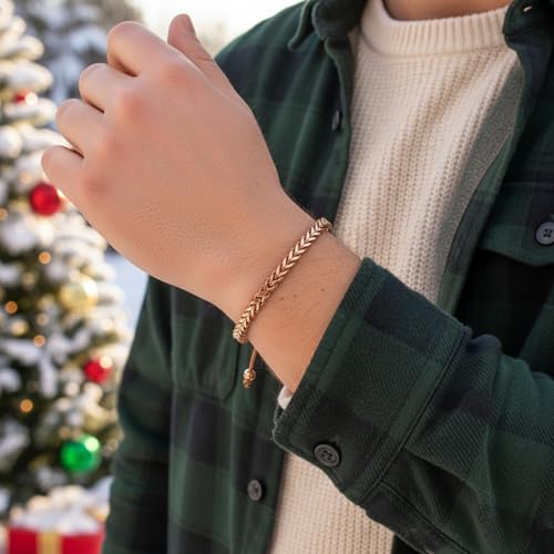 18K Gold-Plated Bracelets for Men Franco Link Chain Adjustable | Stainless Steel Bracelet, Gold Beads Bracelet, Handcrafted Braided, Mens Jewelry Birthday Gift for Men - color: Rose Gold