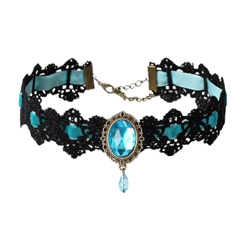 Atiptu Gothic Lace Choker Necklace for Women Black Lace Choker Necklace Vintage Red Crystal Pendant Necklaces Vampire Necklaces Halloween Costume Accessories - color: Lake Blue