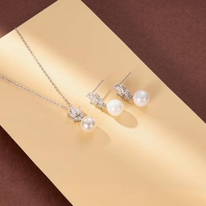 EleQueen Women's Simulated Pearl Wedding Jewelry Set for Brides | Cubic Zirconia Necklace Earrings Bracelet Set for Brides Bridesmaids, Bridal Jewelry Set for Anniversary/Memorial Day - style: Silver-Plated-Brass Pearl Earrings Set