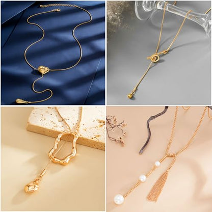 CHICUTIE Long Y Gold Necklace for Women, 14k Gold Plated Lariat Y-Shaped Chunky Pendant Necklaces Trendy Dainty Drop Necklaces Jewelry for Women Gifts - color: Gold