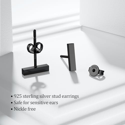 JIAYIQI Minimalist 925 Sterling Silver Stud Earrings Set, 14K Gold Plated Hypoallergenic Tiny Bar Dot Heart Star Studs for Women & Men - style: Black-Bar-1Pair