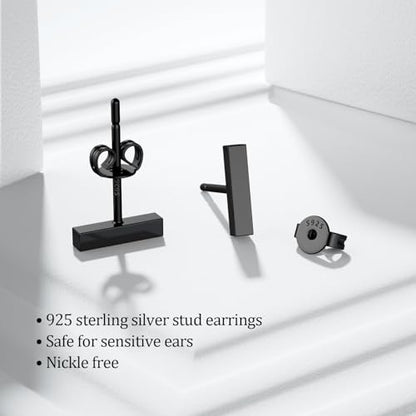 JIAYIQI Minimalist 925 Sterling Silver Stud Earrings Set, 14K Gold Plated Hypoallergenic Tiny Bar Dot Heart Star Studs for Women & Men - style: Black-Bar-1Pair