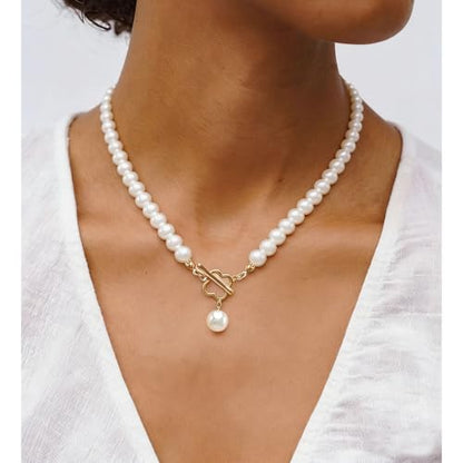 Cryshimmer Pearl Choker Necklace for Women Faux Pearl Beads Strand Necklace Earring Set Costume Jewelry,Gift for Wife Mother - color: 4-leaf Toggle