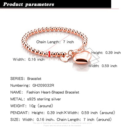 H&Beautimer 925 Sterling Silver 4-10MM Ball Chain Bracelet For Women's - Italian Handmade Bead Chain Bracelet 5''5.7''6.3''6.7''7.5''8''8.3''8.5''9 Inch Rose Gold Party Jewelry - color: 4MM Silver-Heart Pendant, size: 8.3 inches