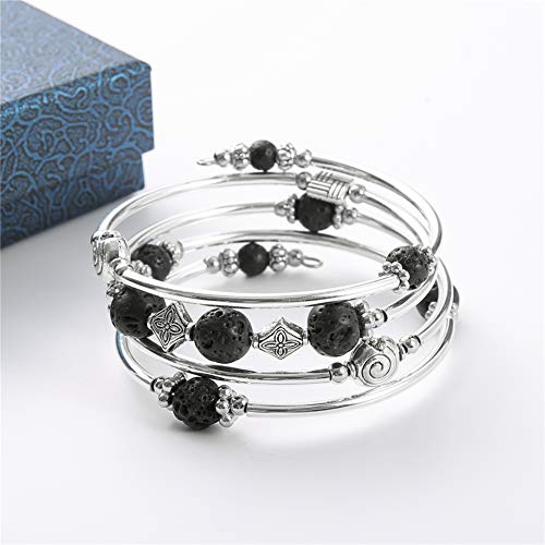 Beaded Pearl Bangle Wrap Bracelet - Fashion Bohemian Jewelry Multilayer Charm Bracelet with Thick Silver Metal Beads, Gift For Women - color: Lava Bracelet