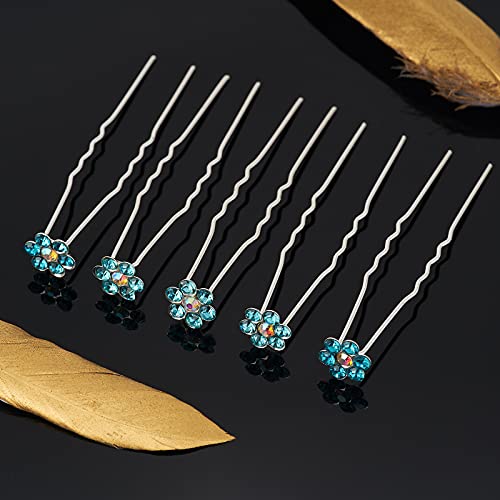 QIUTIMIY 20 Pack (Blue) Crystal Flower Hair Pins Rhinestone Hair Clips for Bridal Wedding Women Hair Jewelry Accessories, with Clear Container - color: Crystal Flower-Blue