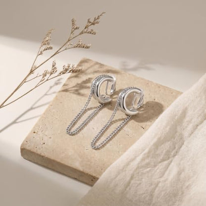 Gold Silver Trendy Clip On Dangle Earrings for Women | Clip On Drop Earrings, Tassel Chain Hoop Earrings, Non Piercing, Fashion Jewelry Gifts - color: A Clip-Silver
