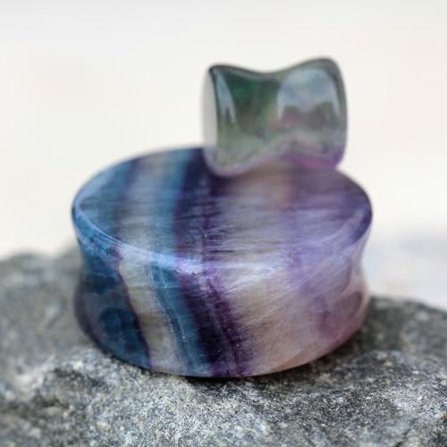 Pierced Owl Natural Rainbow Fluorite Stone Double Flared Plugs, Sold as a Pair - style: 14mm (9/16")